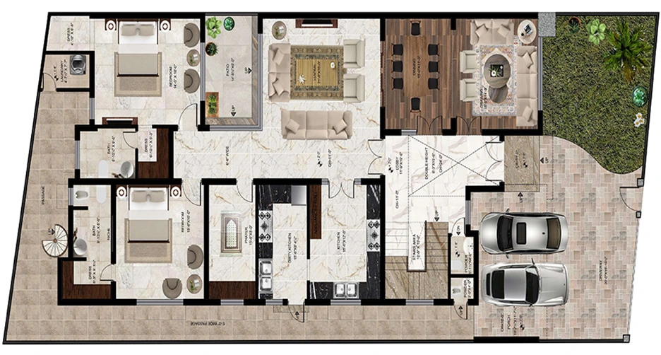 The ground floor layout of this 1 Kanal house plan in Pakistan is intelligently divided to balance privacy with social spaces: