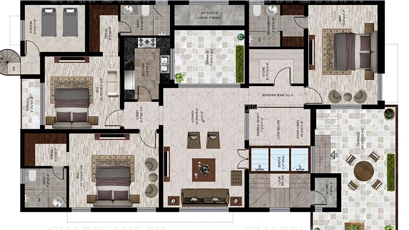 Explore a modern and luxurious One Kanal house design in Pakistan with basement featuring 8 bedrooms, 9 bathrooms, a basement with a swimming pool, spacious terraces, and functional living areas. Perfect for large families seeking comfort and style.