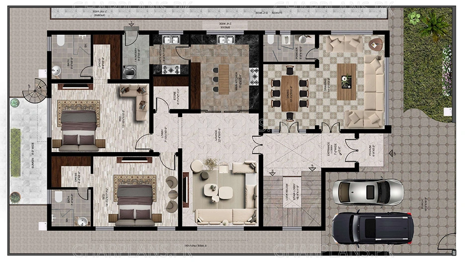 Explore a modern and luxurious One Kanal house design in Pakistan with basement featuring 8 bedrooms, 9 bathrooms, a basement with a swimming pool, spacious terraces, and functional living areas. Perfect for large families seeking comfort and style.